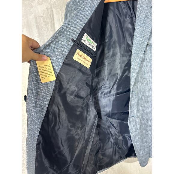 Vintage Norm Thompson Sport Coat 46 LONG Blue Tan 100% Pure Silk Deadstock - Picture 8 of 16